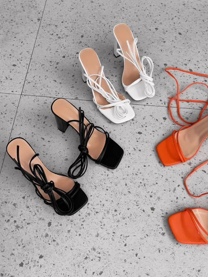 Women's Solid Color Block Heeled Sandsals, Sexy Square Toe Lace Up Sandals, Fashion Summer Sandals for Koningsdag/King's Day