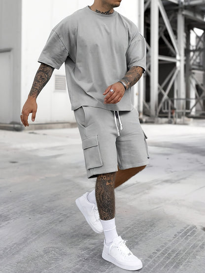 Summer Heavyweight FOG Color Earth Tone Short Sleeve Shorts Streetwear Loose Fashion Set