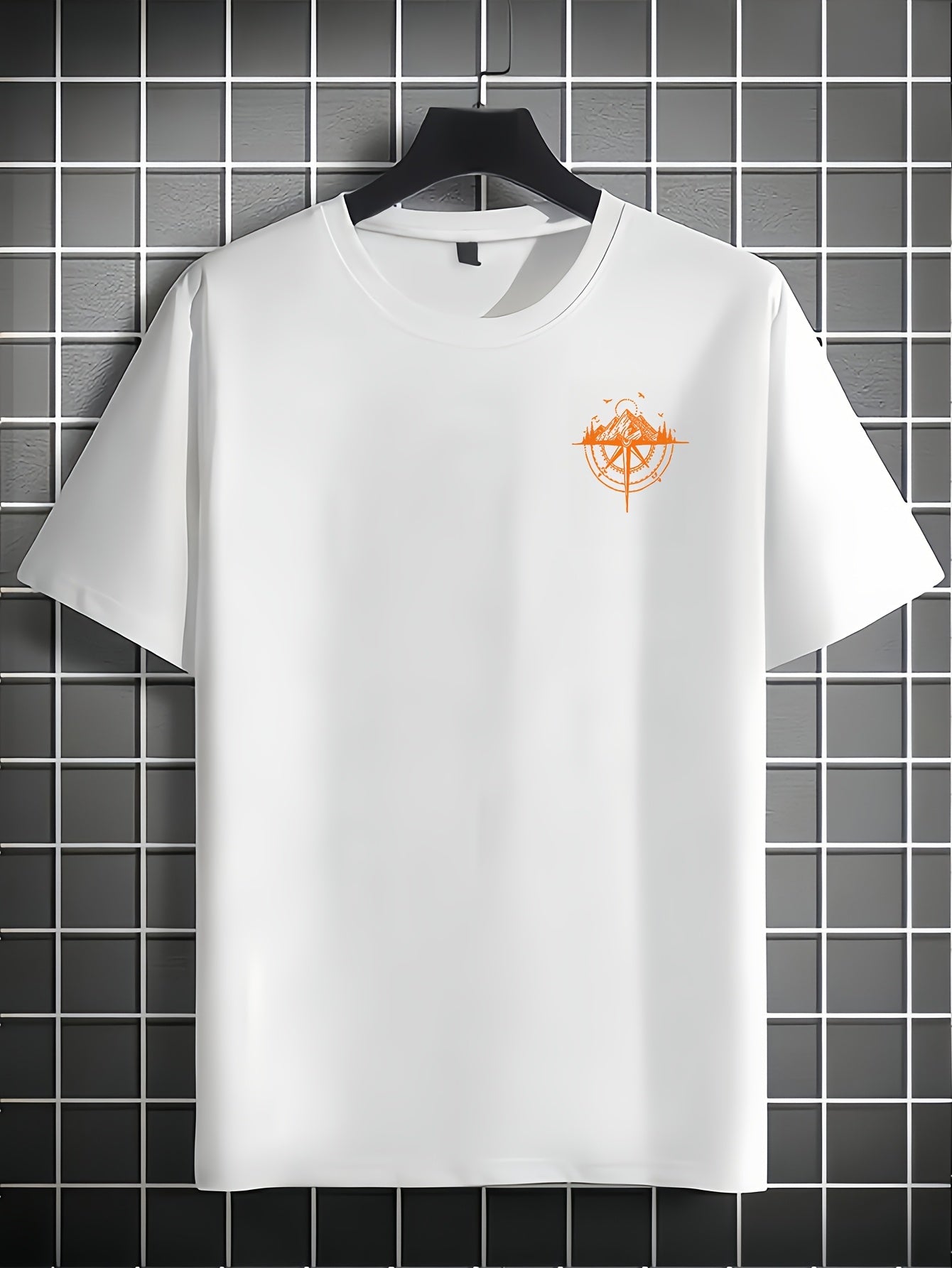 Men's Short Sleeve T-Shirt 100% Polyester Loose Fit Casual Round Neck Navy Blue with Golden Compass Rose Mountain Print - Summer Outdoor Adventure Graphic Tee, Modern Casual Top | Easy Care Clothing