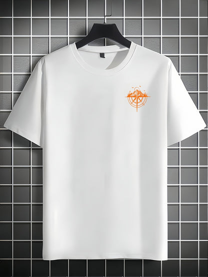 Men's Short Sleeve T-Shirt 100% Polyester Loose Fit Casual Round Neck Navy Blue with Golden Compass Rose Mountain Print - Summer Outdoor Adventure Graphic Tee, Modern Casual Top | Easy Care Clothing