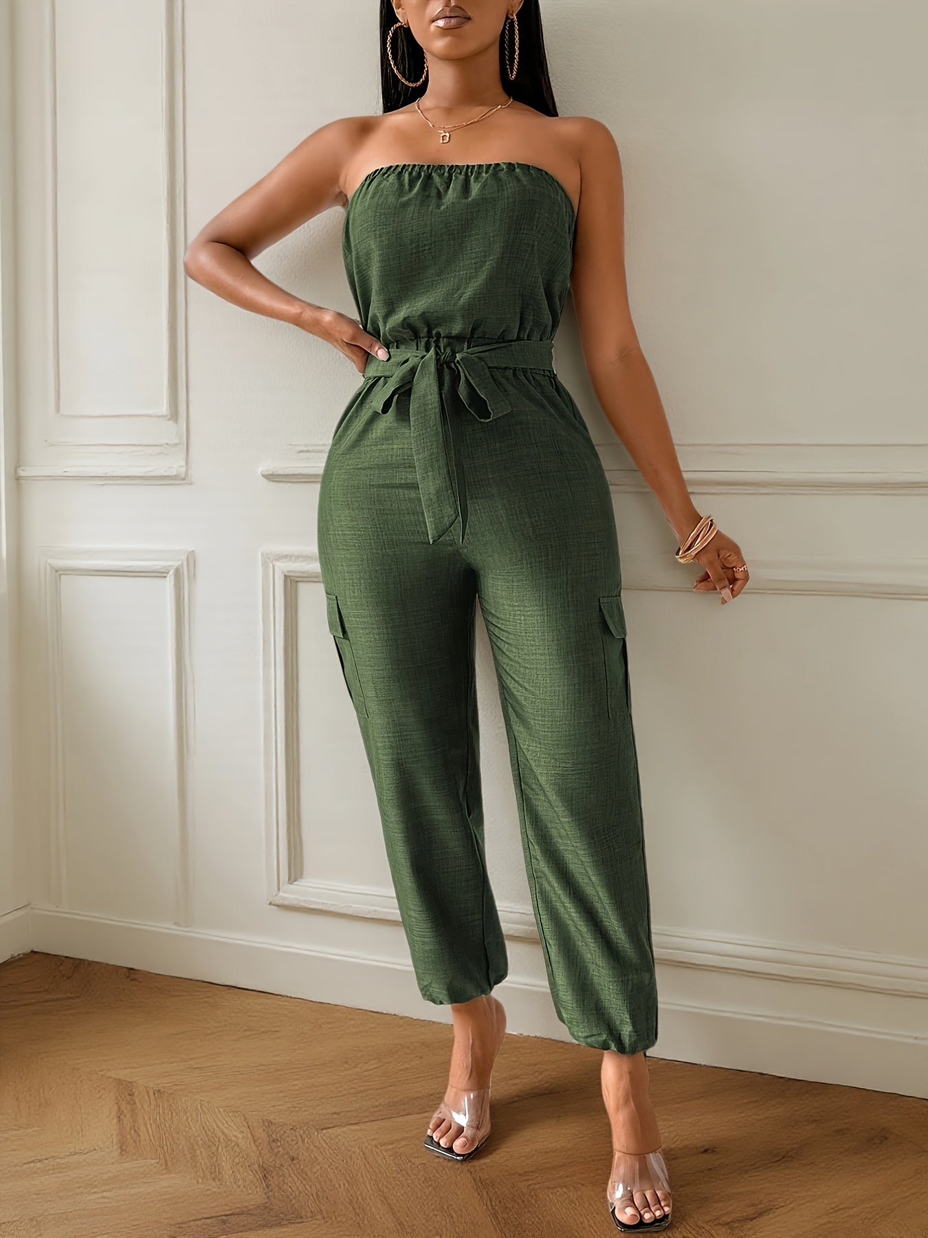 Ladies Solid Color Off the Shoulder Bandeau Romper, Polyester, Casual, with Pocket, for Daily Wear, Spring/Fall