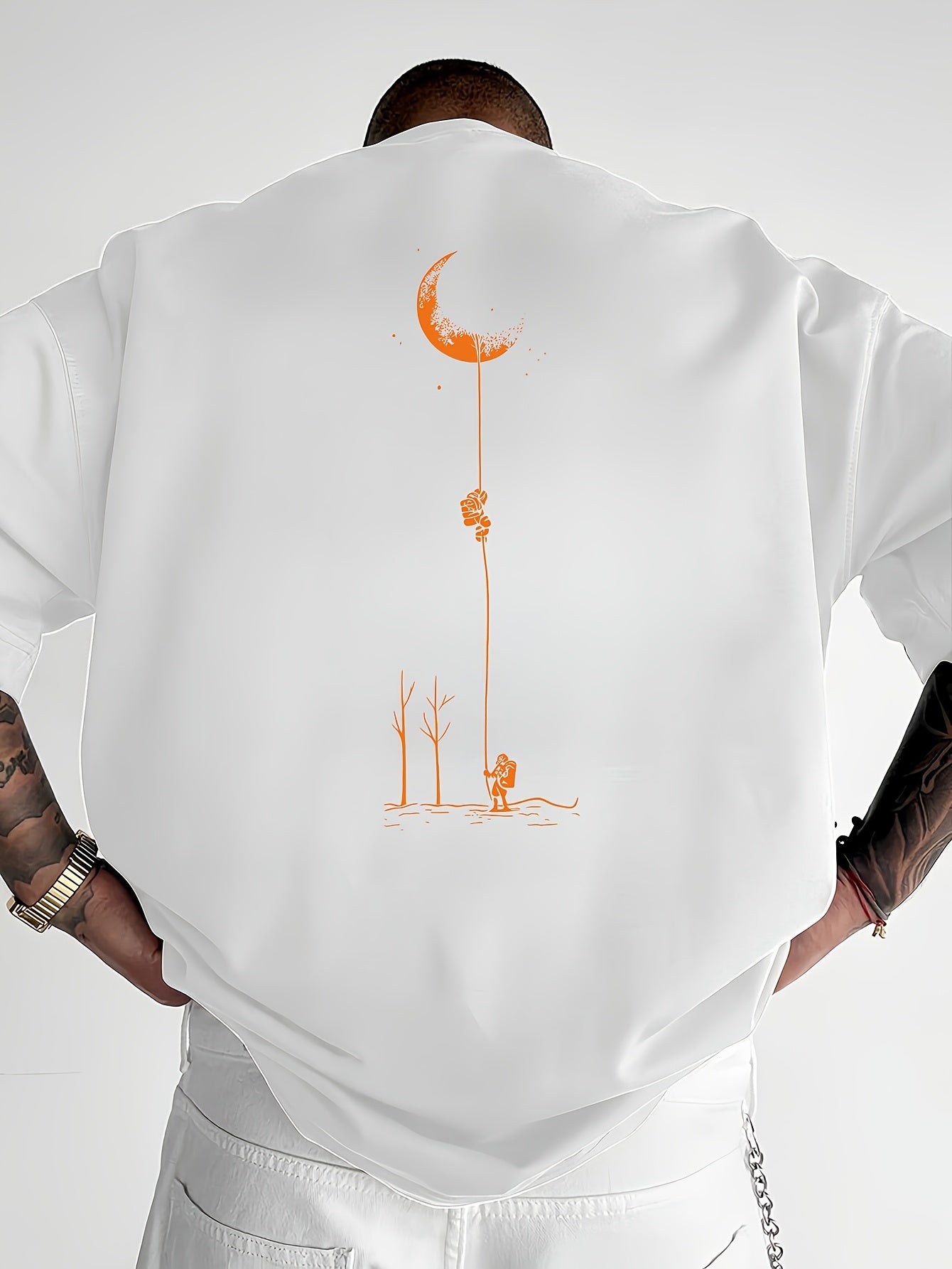 Men's Graphic Print Short Sleeve T-Shirt - Black Relaxed Fit Casual Round Neck, Durable Polyester Fabric, Machine Washable Summer Outdoor Top, Moon And Trees Design | Lightweight Clothing