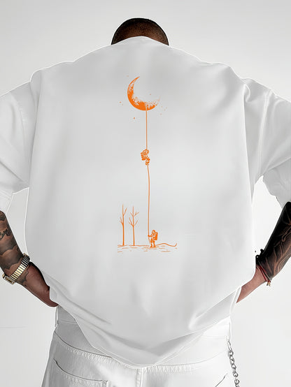 Men's Graphic Print Short Sleeve T-Shirt - Black Relaxed Fit Casual Round Neck, Durable Polyester Fabric, Machine Washable Summer Outdoor Top, Moon And Trees Design | Lightweight Clothing