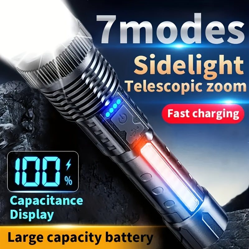 A Multifunctional Outdoor Flashlight, Featuring a Super Bright Telescopic Zoom, Rechargeable Camping Light, Suitable for Travel, Camping, Hiking, Fishing, And Emergencies.