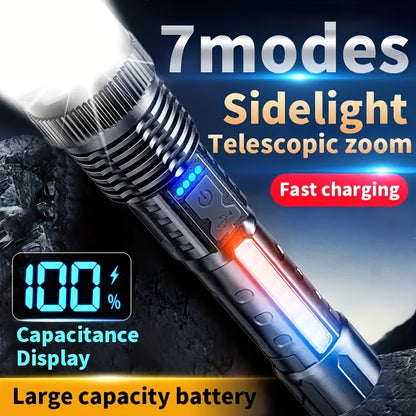 A Multifunctional Outdoor Flashlight, Featuring a Super Bright Telescopic Zoom, Rechargeable Camping Light, Suitable for Travel, Camping, Hiking, Fishing, And Emergencies.