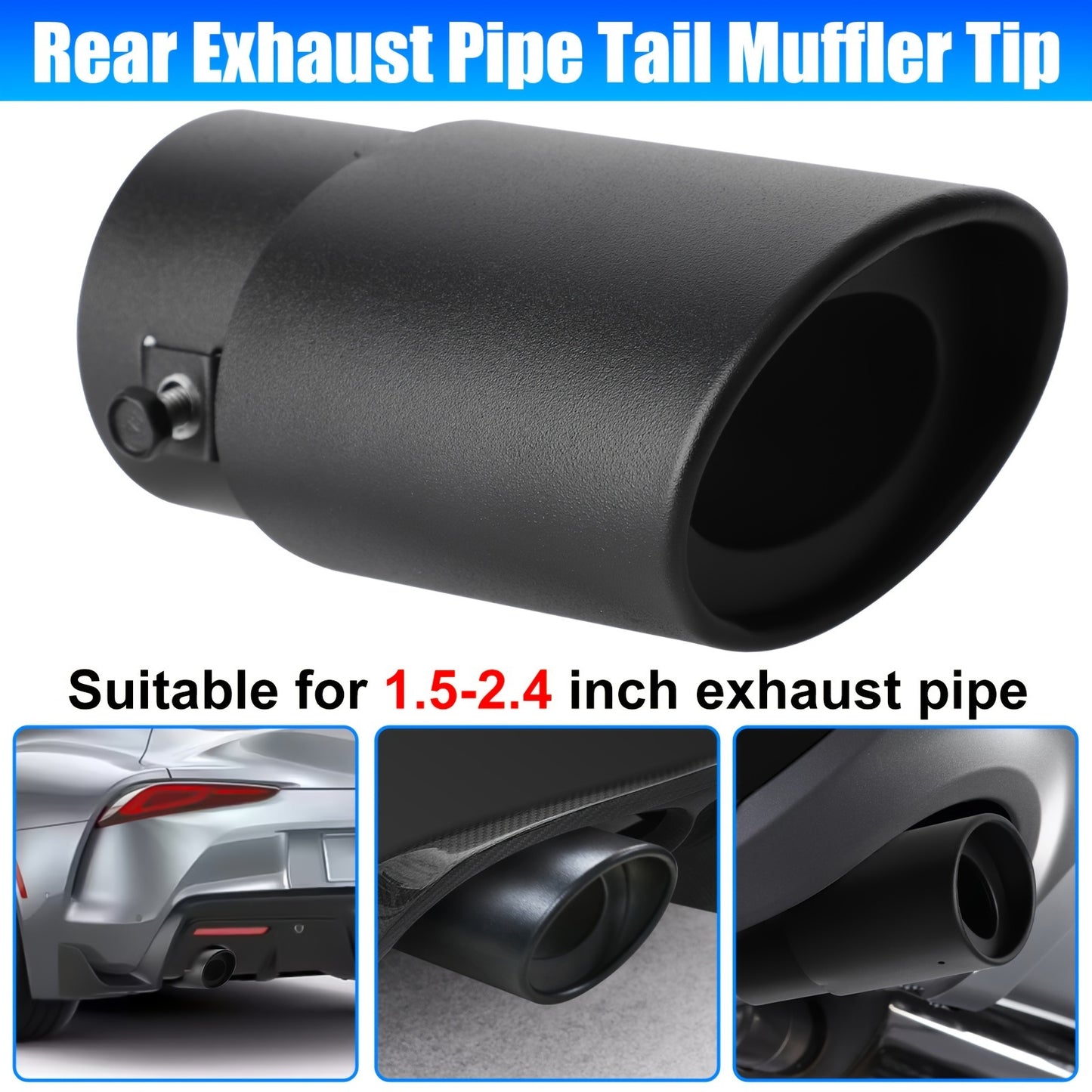 A Black Stainless Steel Car Exhaust Tip, Easy to Install - Suitable for Pipes Ranging from 6.35 cm to 9.14 cm, Enhances Performance And Sound.