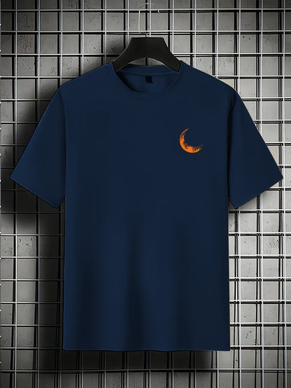 Men's Graphic Print Short Sleeve T-Shirt - Black Relaxed Fit Casual Round Neck, Durable Polyester Fabric, Machine Washable Summer Outdoor Top, Moon And Trees Design | Lightweight Clothing