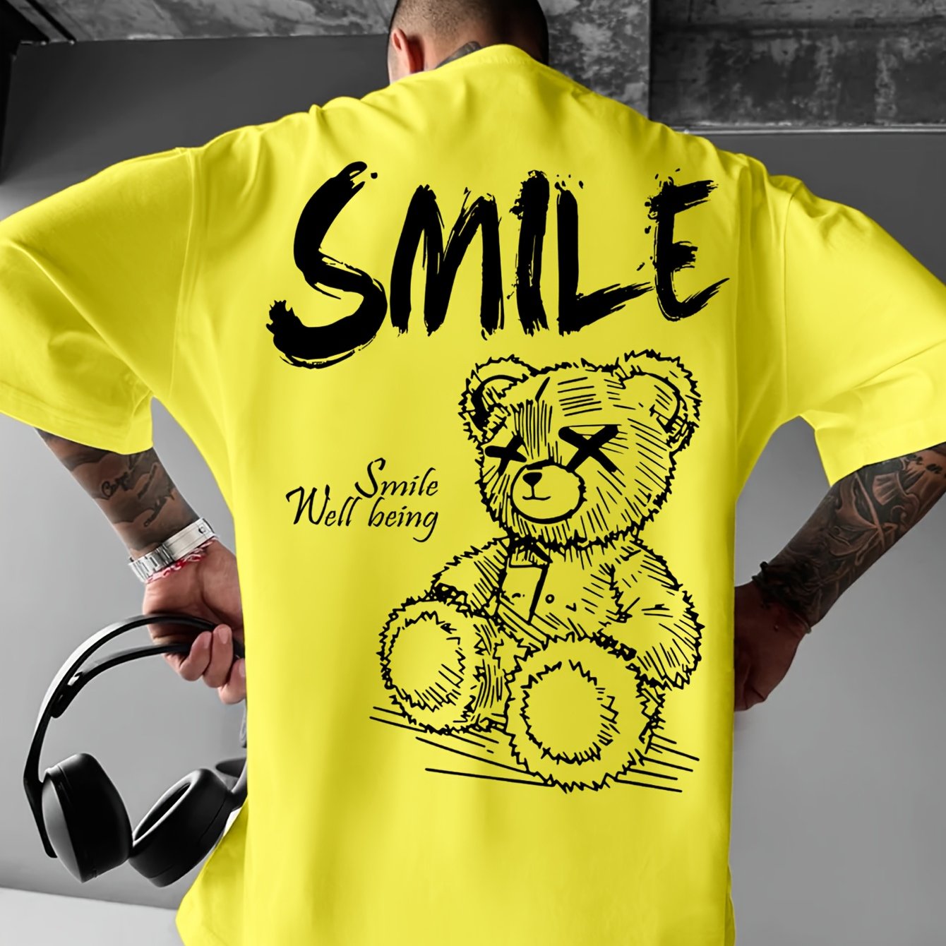 Men'S Bright Yellow Graphic T-Shirt - Loose Fit Streetwear Tee with Smile Design, Round Neck Summer Shirt for Everyday & Formal Outfits - Lightweight Casual Top, Street Style, Bold Print, Comfortable Material, Printed Shirt,