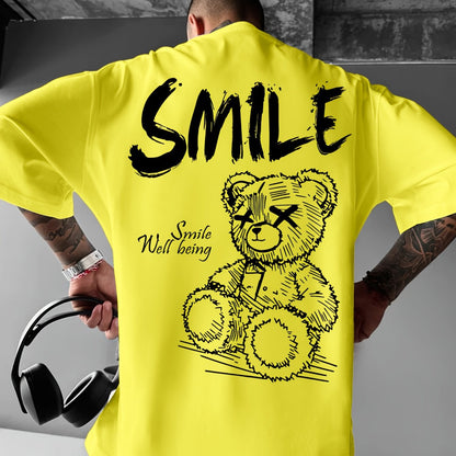 Men'S Bright Yellow Graphic T-Shirt - Loose Fit Streetwear Tee with Smile Design, Round Neck Summer Shirt for Everyday & Formal Outfits - Lightweight Casual Top, Street Style, Bold Print, Comfortable Material, Printed Shirt,