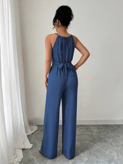 Women'S Elegant Off-Shoulder Twist Front Jumpsuit - Beige Wide-Leg Jumpsuit with Adjustable Waist Tie, Perfect for Spring & Summer Casual or Dressy Outfits, Casual Chic Wear | Offshoulder Fashion | Polyester Fabric