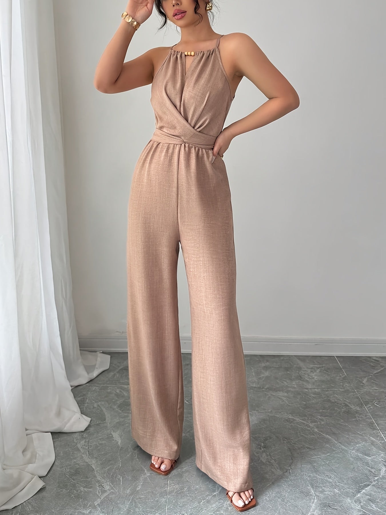 Women'S Elegant Off-Shoulder Twist Front Jumpsuit - Beige Wide-Leg Jumpsuit with Adjustable Waist Tie, Perfect for Spring & Summer Casual or Dressy Outfits, Casual Chic Wear | Offshoulder Fashion | Polyester Fabric