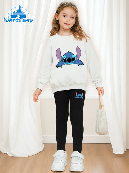 2pcs Disney Girls' Lilo & Stitch Print Sweatshirt and Leggings Set - Soft Stretchy Crewneck Outfit with Cartoon Character Design, All-Season Machine Washable Casual Wear for Ages 5-12, Everyday 's Clothing, Playtime Clothes,