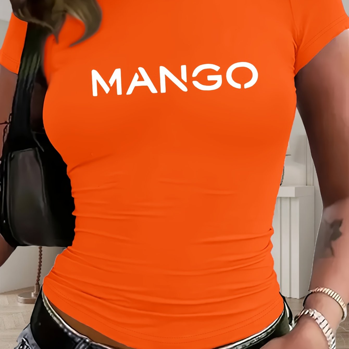 Women's Y2K Style Slim-Fit Cropped Short Sleeve T-Shirt - White with Bold Black 'MANGO' Graphic Print, Semi-Sheer Round Neck Top, Medium Stretch Machine Washable for Spring/Summer Casual Wear