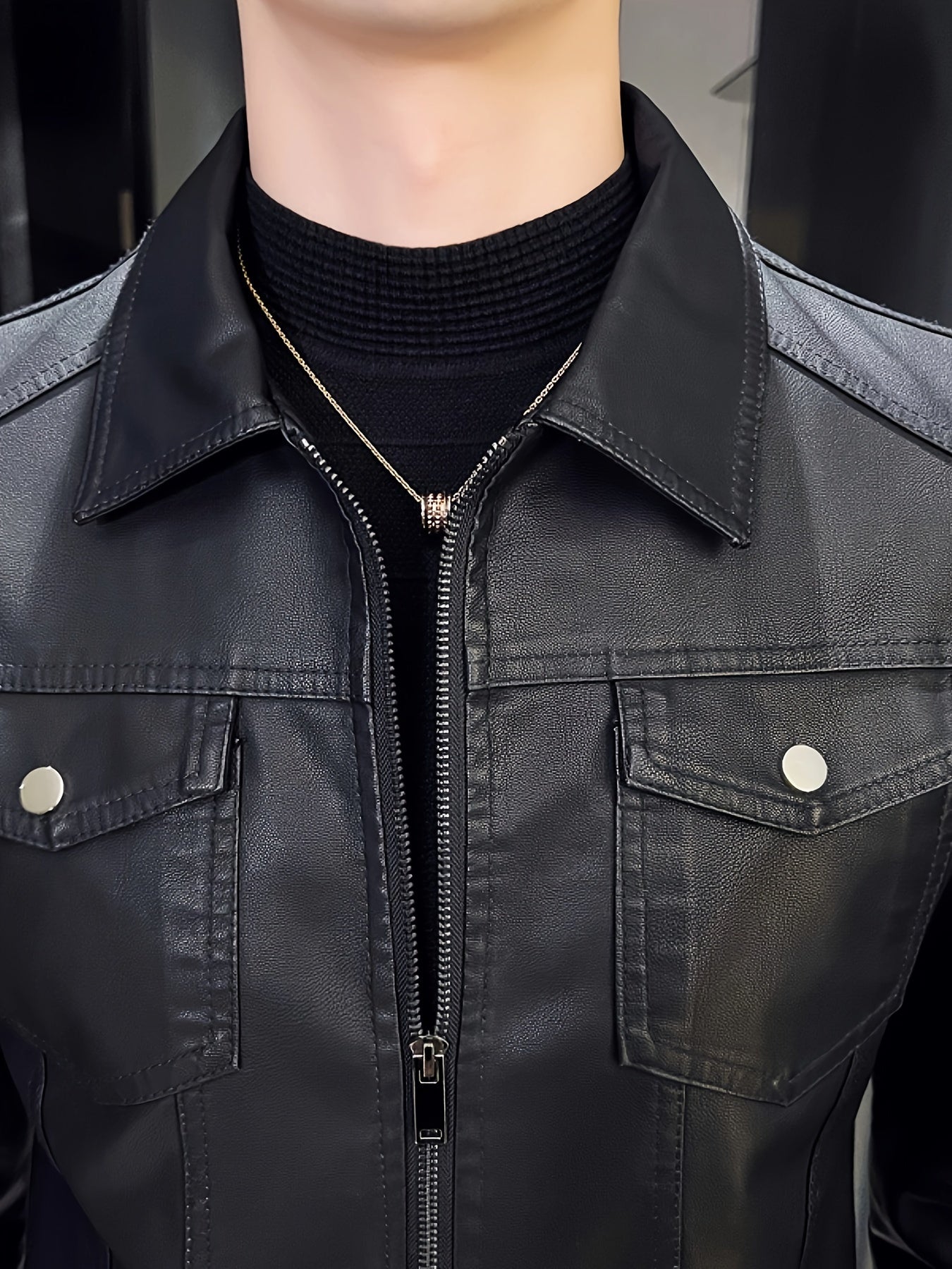 Men'S Slim-Fit Faux Leather Jacket - Black Casual Zip-Up Bomber with Lapel Collar, Long Sleeves, and Pockets for Autumn & Winter, Autumn Winter Jacket | Sleek Black Jacket | Polyester Lined Jacket