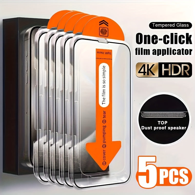 5 Pack Ultra HD Tempered Glass Screen Protector for iPhone 15 Pro Max/16 Pro Max/16/15/14/13/12/11/Plus/Mini/XS Max/XR/X, One-Click Film Applicator, 9H+ Tempered Glass Film, Anti-Fingerprint, Full Coverage, Case Friendly