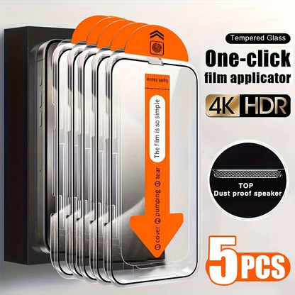 5 Pack Ultra HD Tempered Glass Screen Protector for iPhone 15 Pro Max/16 Pro Max/16/15/14/13/12/11/Plus/Mini/XS Max/XR/X, One-Click Film Applicator, 9H+ Tempered Glass Film, Anti-Fingerprint, Full Coverage, Case Friendly