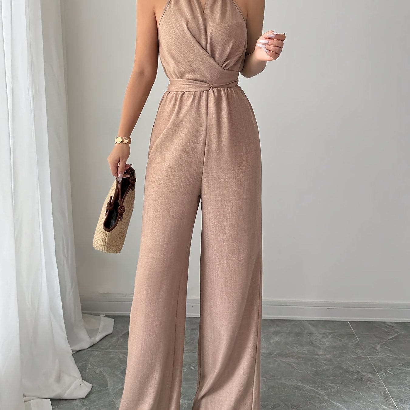 Women'S Elegant Off-Shoulder Twist Front Jumpsuit - Beige Wide-Leg Jumpsuit with Adjustable Waist Tie, Perfect for Spring & Summer Casual or Dressy Outfits, Casual Chic Wear | Offshoulder Fashion | Polyester Fabric