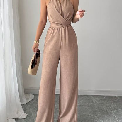 Women'S Elegant Off-Shoulder Twist Front Jumpsuit - Beige Wide-Leg Jumpsuit with Adjustable Waist Tie, Perfect for Spring & Summer Casual or Dressy Outfits, Casual Chic Wear | Offshoulder Fashion | Polyester Fabric