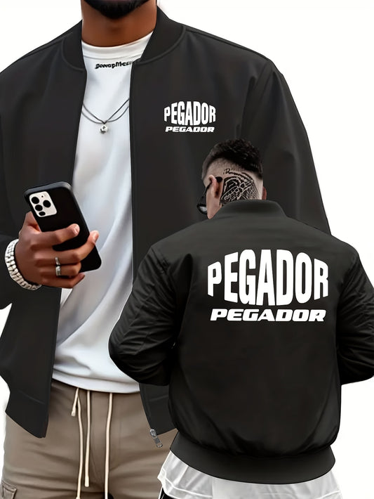 Men's Heavy-Duty Full-Zip Jacket with PEGADOR Back Print - Olive Green Full-Zip Training Coat, Full-Length Zipper Closure, Machine Washable Winter Jacket for Gym, Outdoor & Casual Wear - Athletic Windbreaker for Men, Geometri
