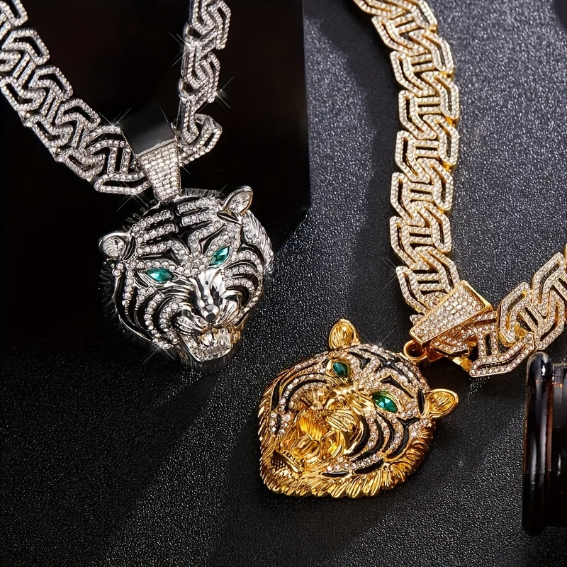 1pc Domineering Green Eyed Tiger Head Shaped Pendant, Paired with a 50.8 cm Rhinestone Cuban Necklace, Suitable for Daily Wear And Gift Giving for Men And Women
