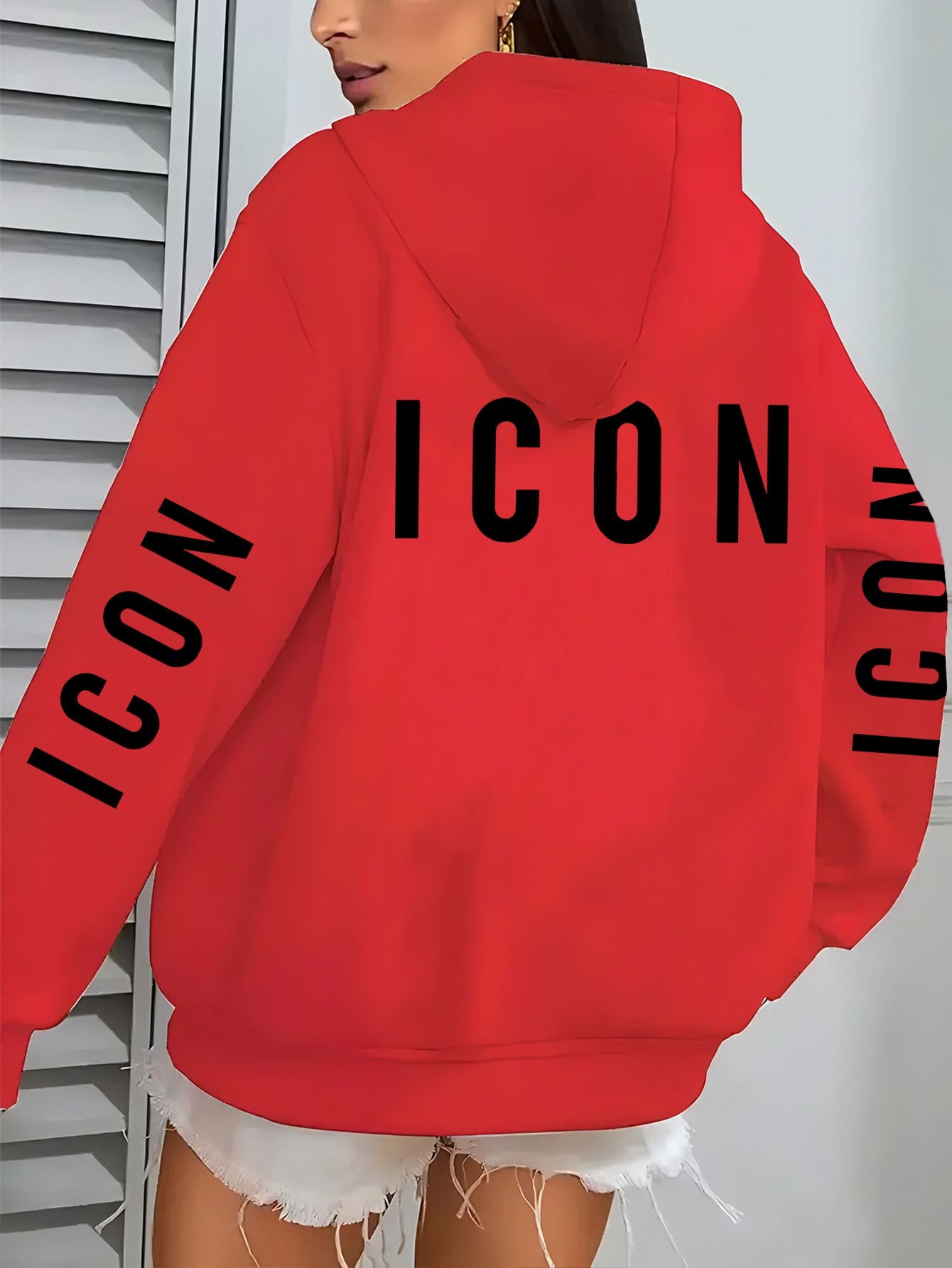 1pc Women'S Pink Hoodie with "ICON" Letter Print - Cozy Long-Sleeve Zip-Up Sweatshirt, Machine Washable, Casual Fall/Winter Pullover with Pockets, Casual Winter Wear | Trendy Casual Hoodie | Machine Washable Fabric