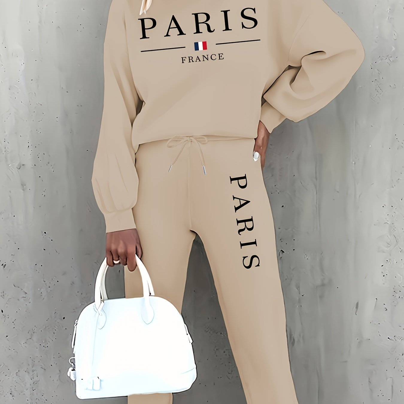 Targeted Autumn and Winter Fashion Print Two-Piece Set, Casual Long-Sleeve Fleece Pullover and Drawstring Jogger Pants Outfit for Women