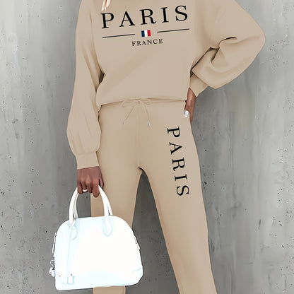 Targeted Autumn and Winter Fashion Print Two-Piece Set, Casual Long-Sleeve Fleece Pullover and Drawstring Jogger Pants Outfit for Women