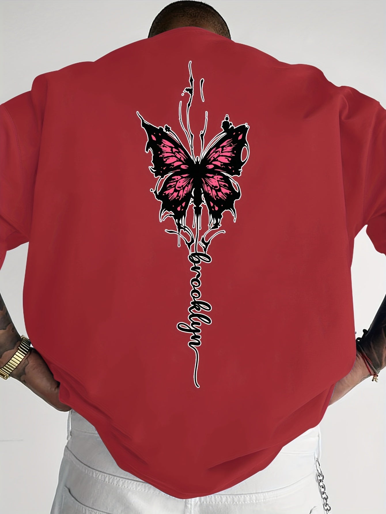 Men's Streetwear Graphic T-Shirt with Pink Butterfly & Brooklyn Letter Print - Loose Fit Casual Summer Tee, Breathable Round Neck Short Sleeve Shirt for Urban Fashion, Casual Attire, Streetstyle Tee, Relaxed Fit Top