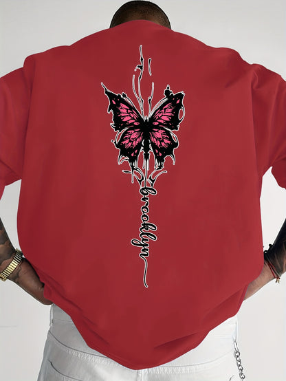 Men's Streetwear Graphic T-Shirt with Pink Butterfly & Brooklyn Letter Print - Loose Fit Casual Summer Tee, Breathable Round Neck Short Sleeve Shirt for Urban Fashion, Casual Attire, Streetstyle Tee, Relaxed Fit Top