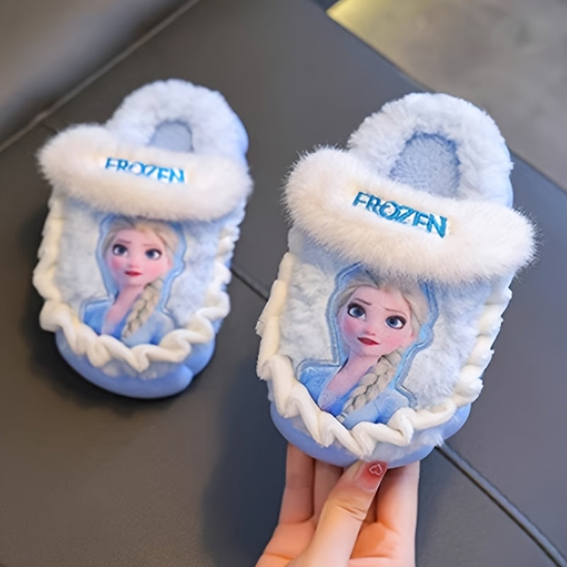 Pair of Frozen Elsa Princess Plush Slippers with Disney Elsa Design, Warm Fleece-Lined Indoor/Outdoor Shoes for Girls - New Autumn/Winter Cute Cartoon Princess Style Printed Fluffy Slippers in Sky Blue and Lilac Colors, Perfe