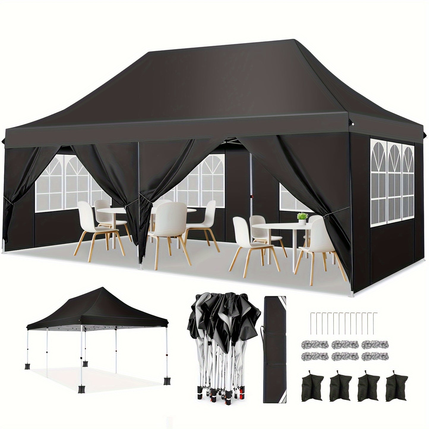 3x6m/3.05x3.05m Pop-up Tent With 6 Removable Side Walls Or 4 Removable Side Walls, With/without Sandbags, Style Optional, Suitable For Party Weddings, Garden Pavilion For Beach Wedding Camping Instant Awning, Upgraded Roof, W
