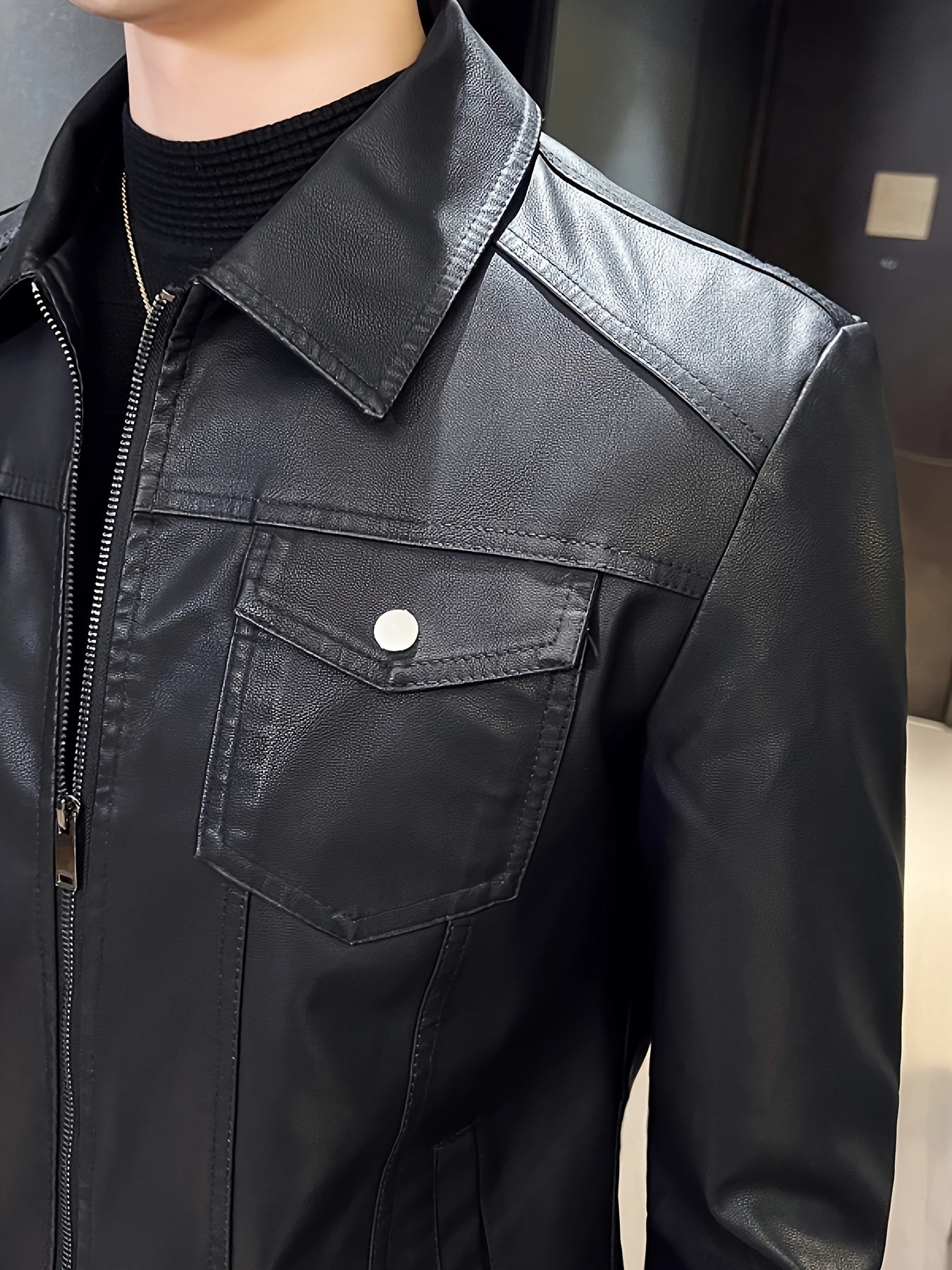 Men'S Slim-Fit Faux Leather Jacket - Black Casual Zip-Up Bomber with Lapel Collar, Long Sleeves, and Pockets for Autumn & Winter, Autumn Winter Jacket | Sleek Black Jacket | Polyester Lined Jacket