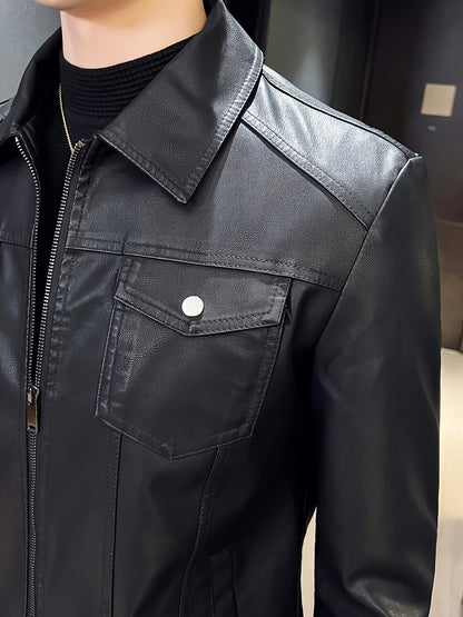 Men'S Slim-Fit Faux Leather Jacket - Black Casual Zip-Up Bomber with Lapel Collar, Long Sleeves, and Pockets for Autumn & Winter, Autumn Winter Jacket | Sleek Black Jacket | Polyester Lined Jacket