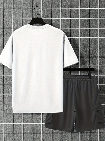 New Loose Fit Breathable Men's Crew Neck Short Sleeve T-Shirt and Workwear Style Multi-Pocket Shorts Set, Summer Casual Sportswear Two-Piece Outfit, Stylish Versatile Top and Pants for Both Men and Women