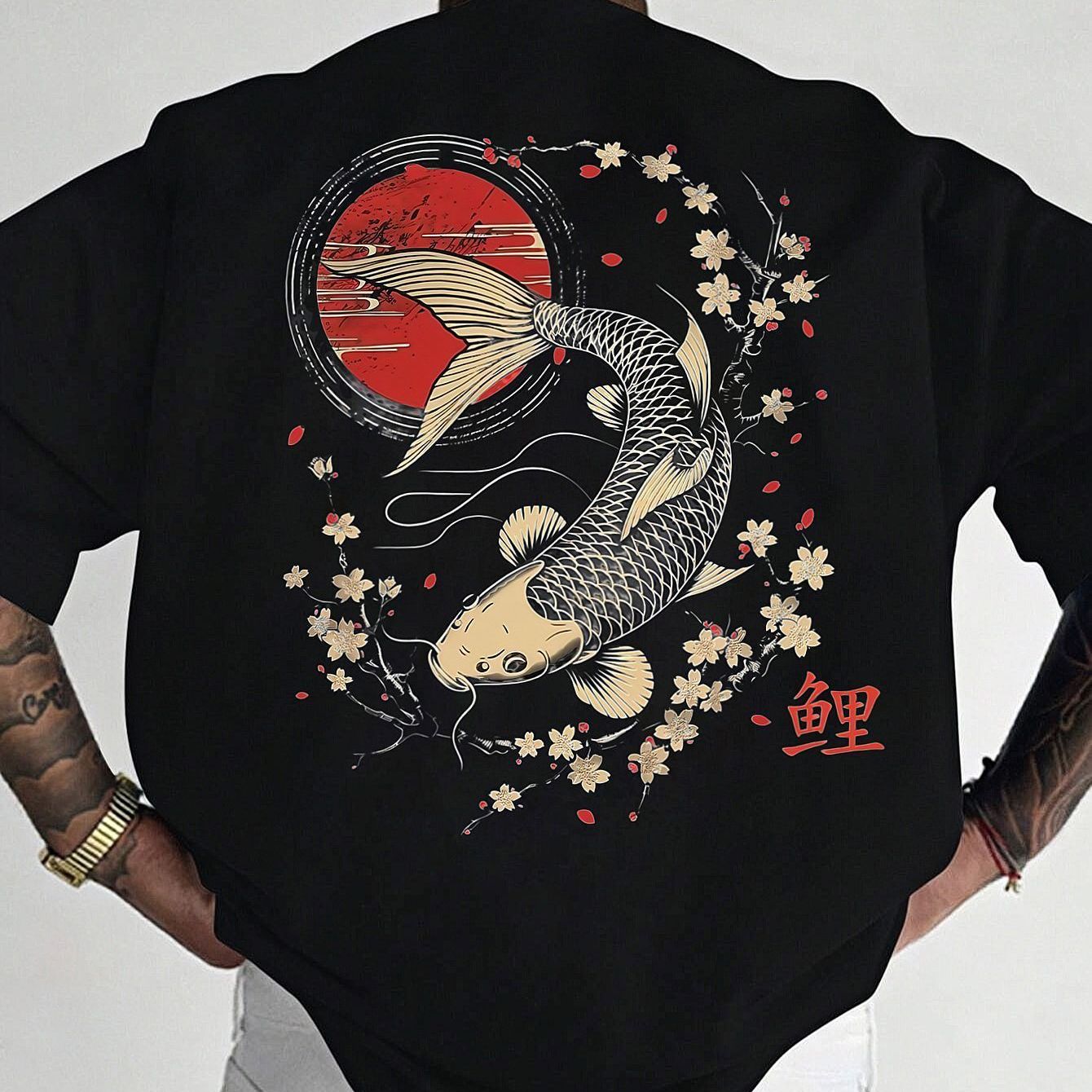 Men's 100% Cotton Retro T-Shirt - Navy Blue Short Sleeve Casual Tee with Koi Fish & Cherry Blossom Print, Regular Fit, Machine Washable, Cotton T Shirts, Summer Apparel, Breathable Fabric