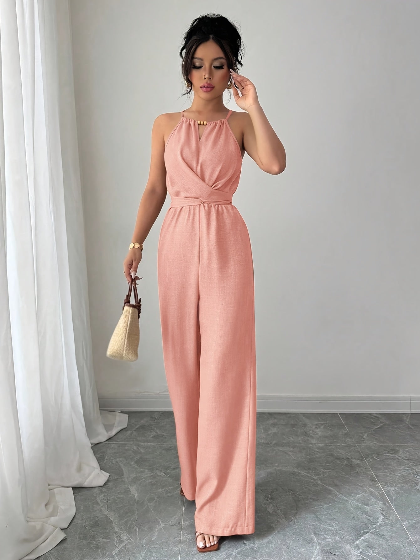 Women'S Elegant Off-Shoulder Twist Front Jumpsuit - Beige Wide-Leg Jumpsuit with Adjustable Waist Tie, Perfect for Spring & Summer Casual or Dressy Outfits, Casual Chic Wear | Offshoulder Fashion | Polyester Fabric