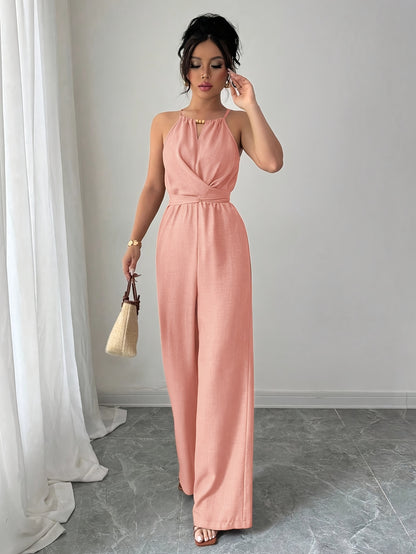 Women'S Elegant Off-Shoulder Twist Front Jumpsuit - Beige Wide-Leg Jumpsuit with Adjustable Waist Tie, Perfect for Spring & Summer Casual or Dressy Outfits, Casual Chic Wear | Offshoulder Fashion | Polyester Fabric