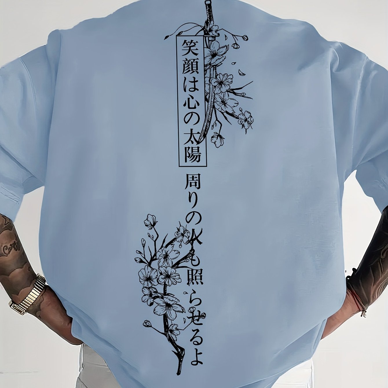 Men's Japanese Sakura Cherry Blossom & Text Print Casual T-Shirt - Black with Golden Floral Print Design, Loose Fit Round Neck, Breathable Summer Fabric, Machine Washable, Relaxed Fit Clothing, Elegant Design Shirt