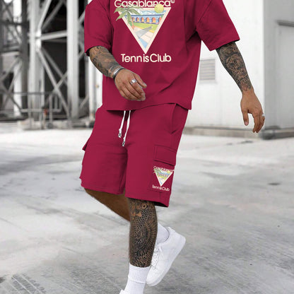 New Loose Fit Breathable Men's Crew Neck Short Sleeve T-Shirt and Workwear Style Multi-Pocket Shorts Set, Summer Casual Sportswear Two-Piece Outfit, Stylish Versatile Top and Pants for Both Men and Women