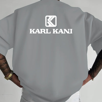 Men'S Casual Crew Neck T-Shirt with "KARL KANI" Graphic - Breathable, Moisture-Wicking, Short Sleeve, Regular Fit, Geometric Pattern, Ideal for Home & Outdoor Activities, All-Season Comfort, Outdoor Clothing | Relaxed Fit Shi