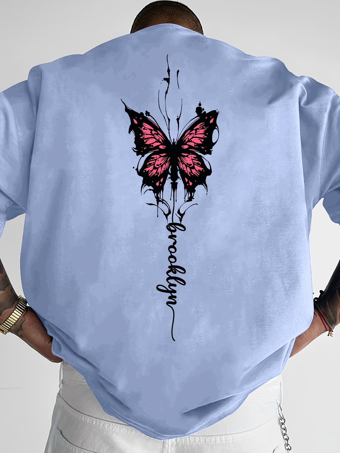 Men's Streetwear Graphic T-Shirt with Pink Butterfly & Brooklyn Letter Print - Loose Fit Casual Summer Tee, Breathable Round Neck Short Sleeve Shirt for Urban Fashion, Casual Attire, Streetstyle Tee, Relaxed Fit Top