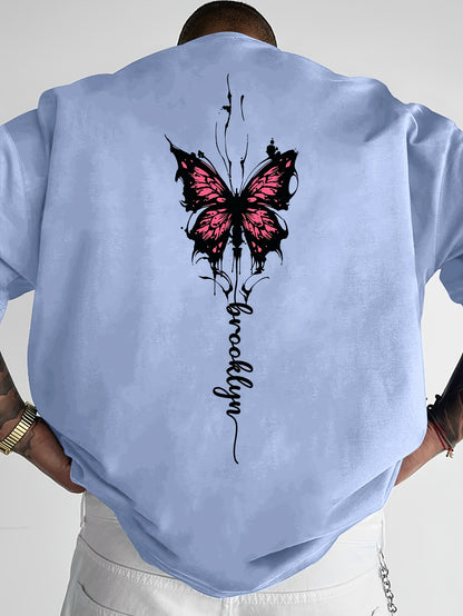 Men's Streetwear Graphic T-Shirt with Pink Butterfly & Brooklyn Letter Print - Loose Fit Casual Summer Tee, Breathable Round Neck Short Sleeve Shirt for Urban Fashion, Casual Attire, Streetstyle Tee, Relaxed Fit Top