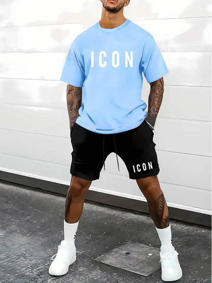 Men'S Casual Sporty Outdoor Two-Piece Set - Summer T-Shirt & Shorts with Bold "ICON" Print, Geometric Pattern, Regular Fit, Crew Neck, Light Blue & Black, Comfortable for Casual Attire, Leisure Clothing | Bold Print Shirt | C