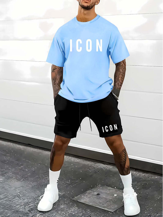 Men'S Casual Sporty Outdoor Two-Piece Set - Summer T-Shirt & Shorts with Bold "ICON" Print, Geometric Pattern, Regular Fit, Crew Neck, Light Blue & Black, Comfortable for Casual Attire, Leisure Clothing | Bold Print Shirt | C
