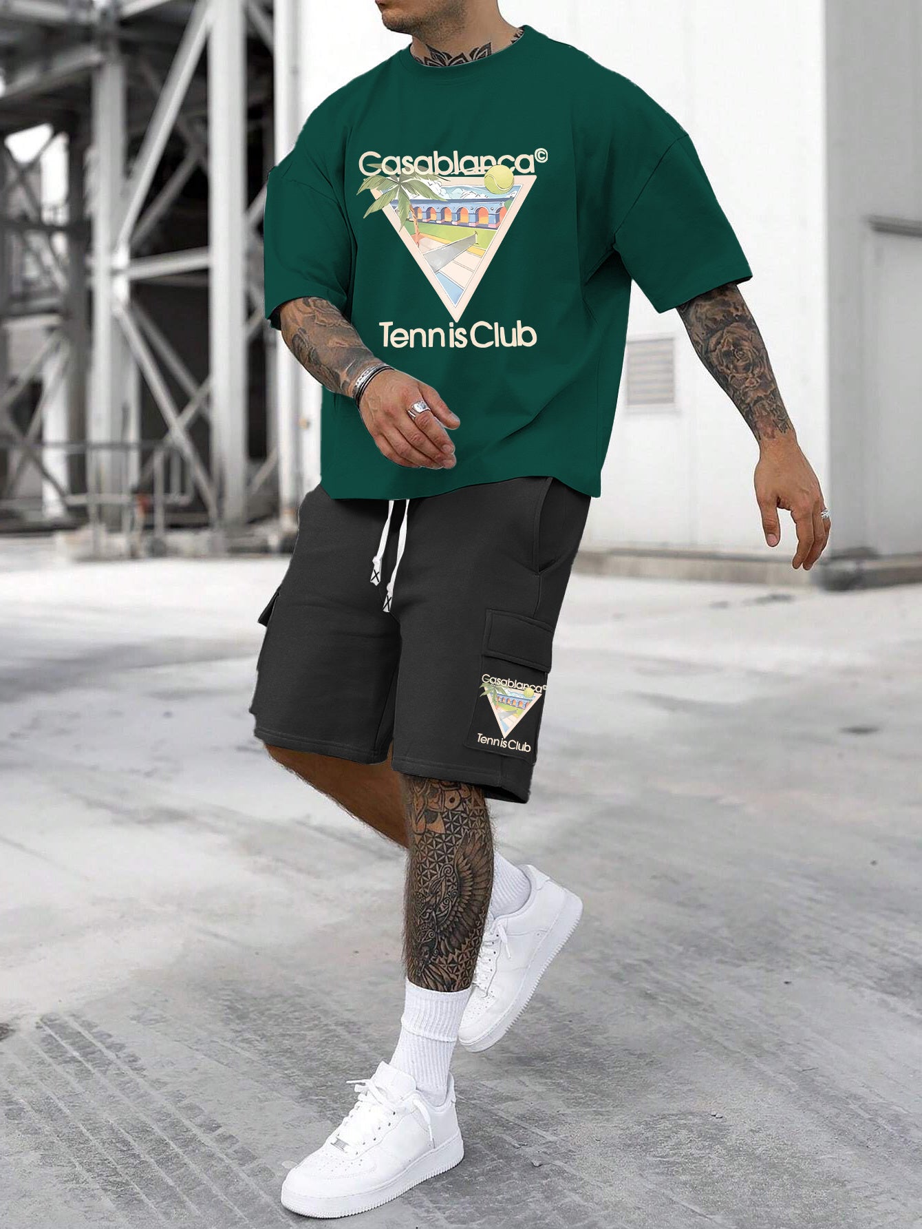 New Loose Fit Breathable Men's Crew Neck Short Sleeve T-Shirt and Workwear Style Multi-Pocket Shorts Set, Summer Casual Sportswear Two-Piece Outfit, Stylish Versatile Top and Pants for Both Men and Women
