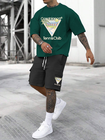 New Loose Fit Breathable Men's Crew Neck Short Sleeve T-Shirt and Workwear Style Multi-Pocket Shorts Set, Summer Casual Sportswear Two-Piece Outfit, Stylish Versatile Top and Pants for Both Men and Women