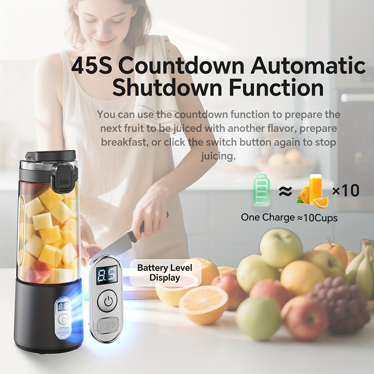 USB Rechargeable Portable Blender with Digital Timer Display, 10-Cup Capacity, Detachable & Easy-Clean Design for Smoothies, Juices, Protein Shakes - Ideal for Gym, Travel, Home Use, Smoothie Blender Portable, Juice Preparati