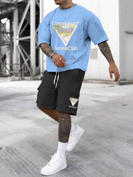 New Loose Fit Breathable Men's Crew Neck Short Sleeve T-Shirt and Workwear Style Multi-Pocket Shorts Set, Summer Casual Sportswear Two-Piece Outfit, Stylish Versatile Top and Pants for Both Men and Women