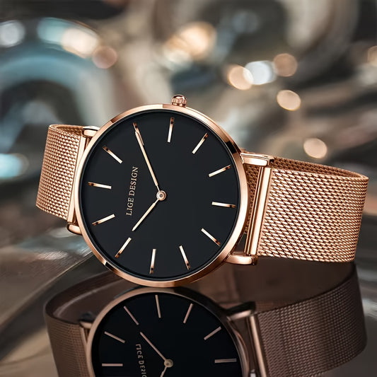 LIGE Women'S Ultra-Thin Quartz Watch with Rose Golden Mesh Strap - Elegant Blue Dial, Minimalist Design, Perfect Gift for Mother'S Day, Christmas, Thanksgiving, Christmas Accessory | Minimalist Watch | Quartz Movement
