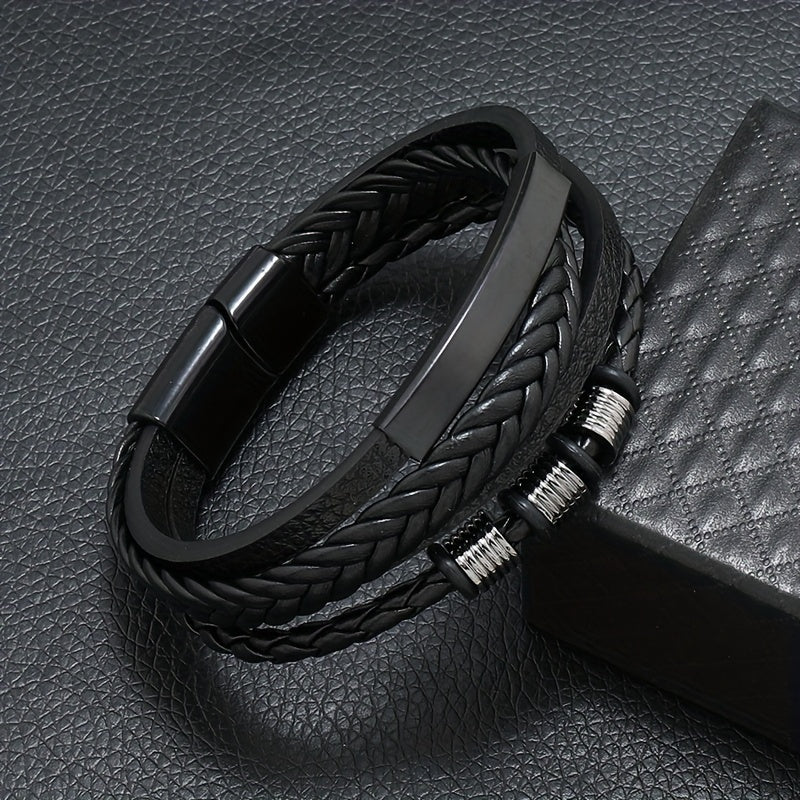 New Hot Selling Men's Vintage Hand-woven Multi-layer Beaded Alloy Magnetic Buckle PU Men's Bracelet